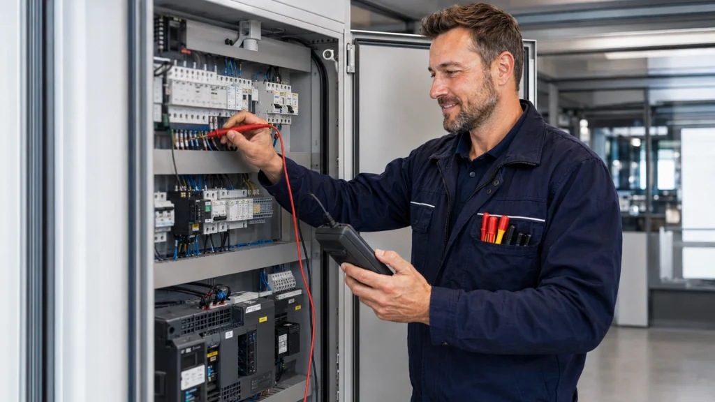 DGUV-Prüfer steht vor einem Schaltschrank und prüft elektrische Spannungen und Widerstände.
