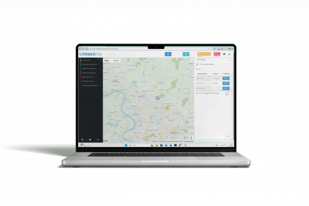 Laptop mit geöffnetem GPS-Flottenmanagement-Tool von Powerfox